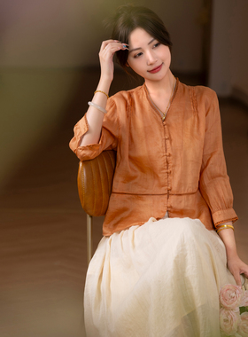 小耳出品 森系甜美 色织全苎麻/轻盈细支/镂空花边 单排多扣上衣