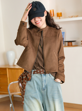小耳出品【重工砂洗软麂皮】利落复古短款长袖外套休闲显瘦夹克女