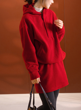 小耳出品【圣诞套装~】萣制新年红/雪花软呢/卫衣+短裙 时尚宽松