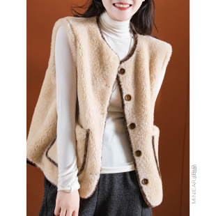 格纹绲边 皮毛一体 麂皮绒单排多扣圆领外套 正反两穿 小耳出品