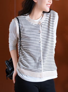 小耳出品 麻感全棉纱/干爽好打理/合身版 休闲宽松条纹针织马甲女