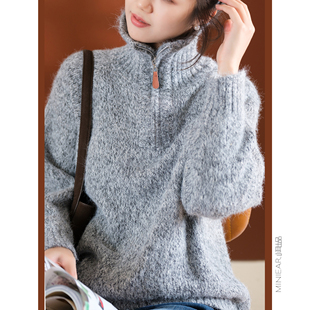 宽松显瘦长袖 小耳出品 半开襟设计 羊毛混纺 毛衣女 萣染花杂纱
