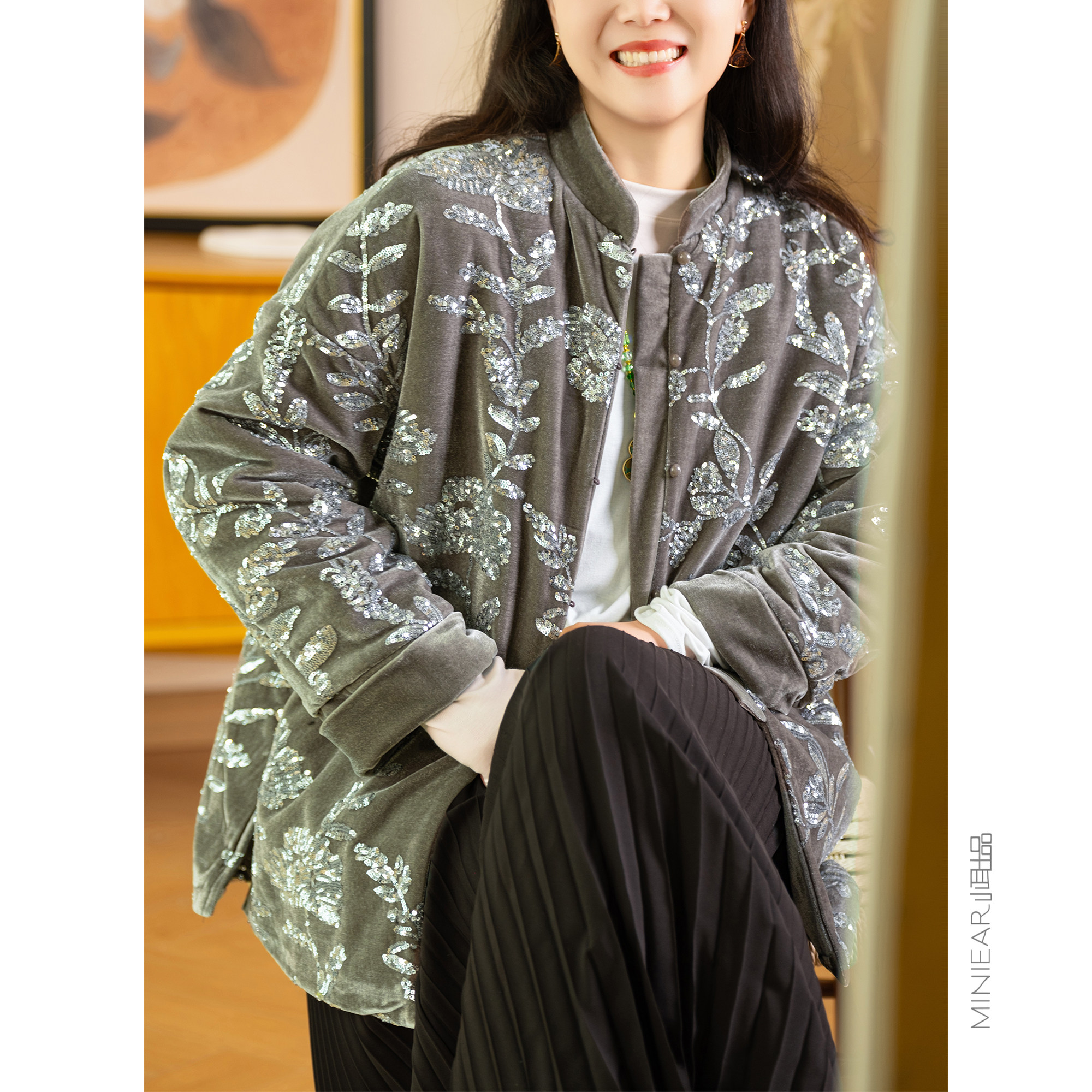 【年服系列】花枝绕春 篙密丝绒/满身珠片绣 小立领宽松显瘦外套