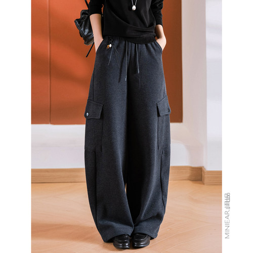 小耳出品抽绳带珠子呢子工装裤女