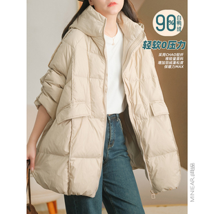 宽松纯色外套女 90%白鸭绒连帽羽绒服 小耳出品 A字版