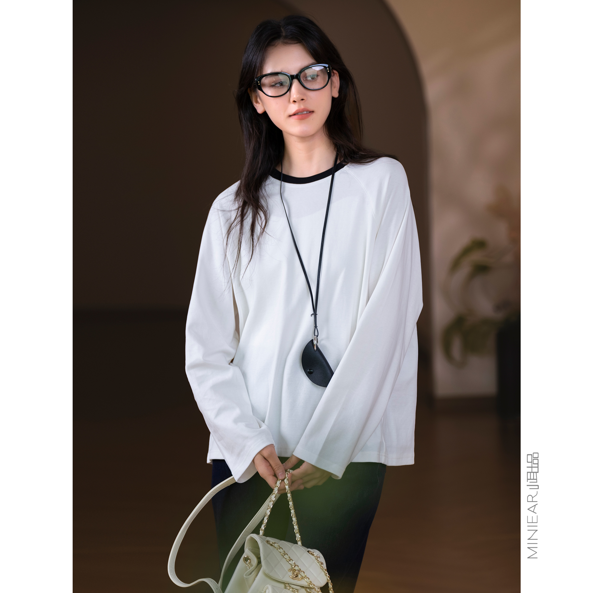 全棉撞色圆领纯色长袖宽松女百搭