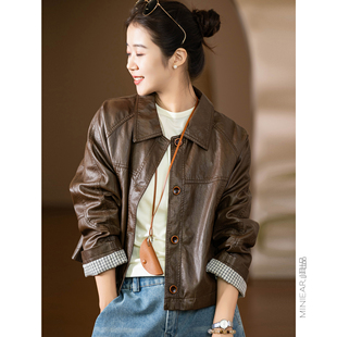 格纹翻袖 手揉皱肌理 篙品蛋白皮翻领夹克女 小个子福音 小耳出品