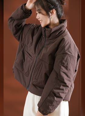 小耳出品 篙支梭织皱/立裁弯刀袖/篙充棉 短款立领拉链棉服外套女