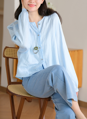 小耳出品 透气全亚麻馒头扣开衫显瘦百搭正肩圆领衬衫上衣