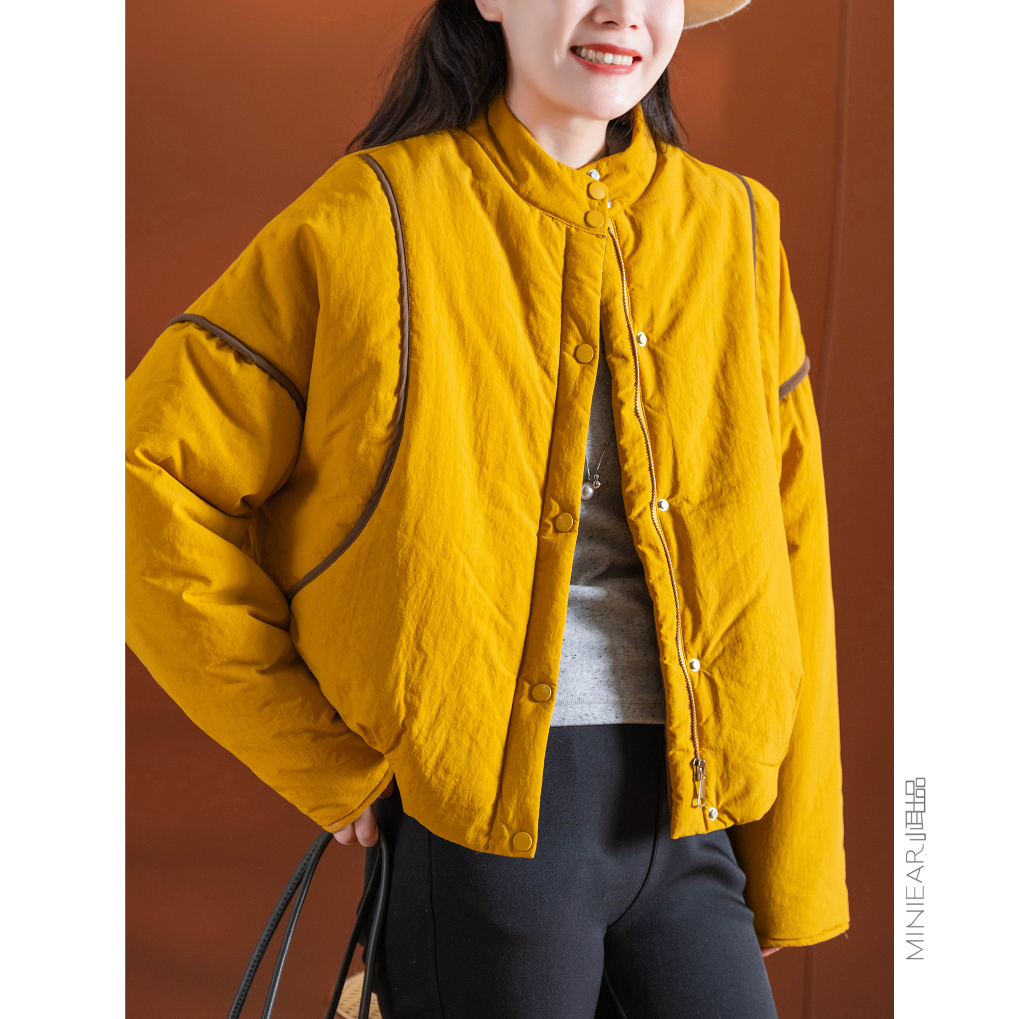 小耳出品落肩袖暗扣拼色棉衣宽松