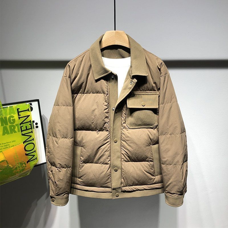 冬季新款休闲风翻领短款羽绒服男轻薄保暖黑色外套舒适轻便夹克潮