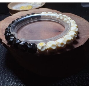 错成出品猛犸椰蒂原色纯手工无相凹面刻108佛珠手串手持单圈黑白