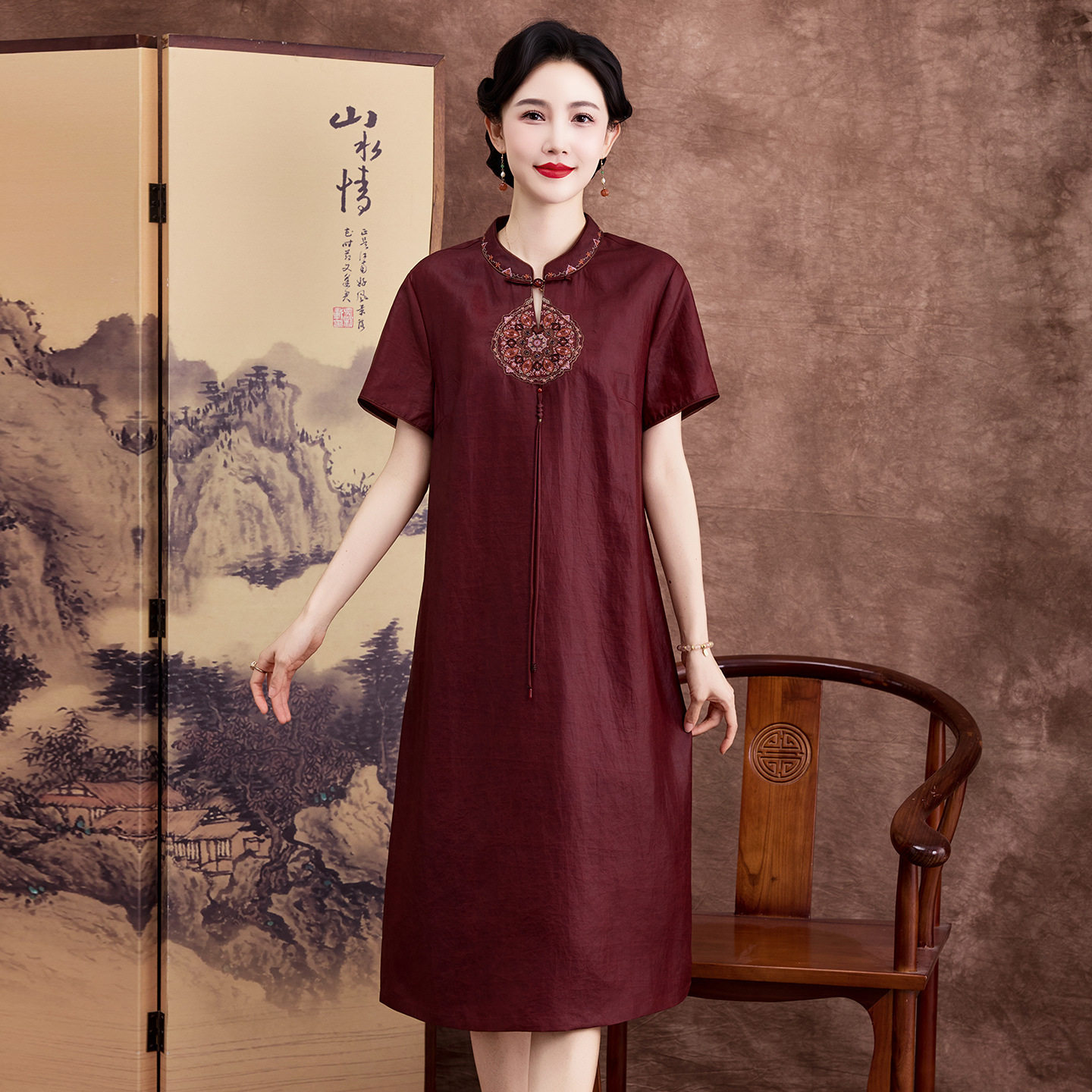 高品质大码遮肉贵妇人香云纱真丝连衣裙夏妈妈中式桑蚕丝旗袍裙子