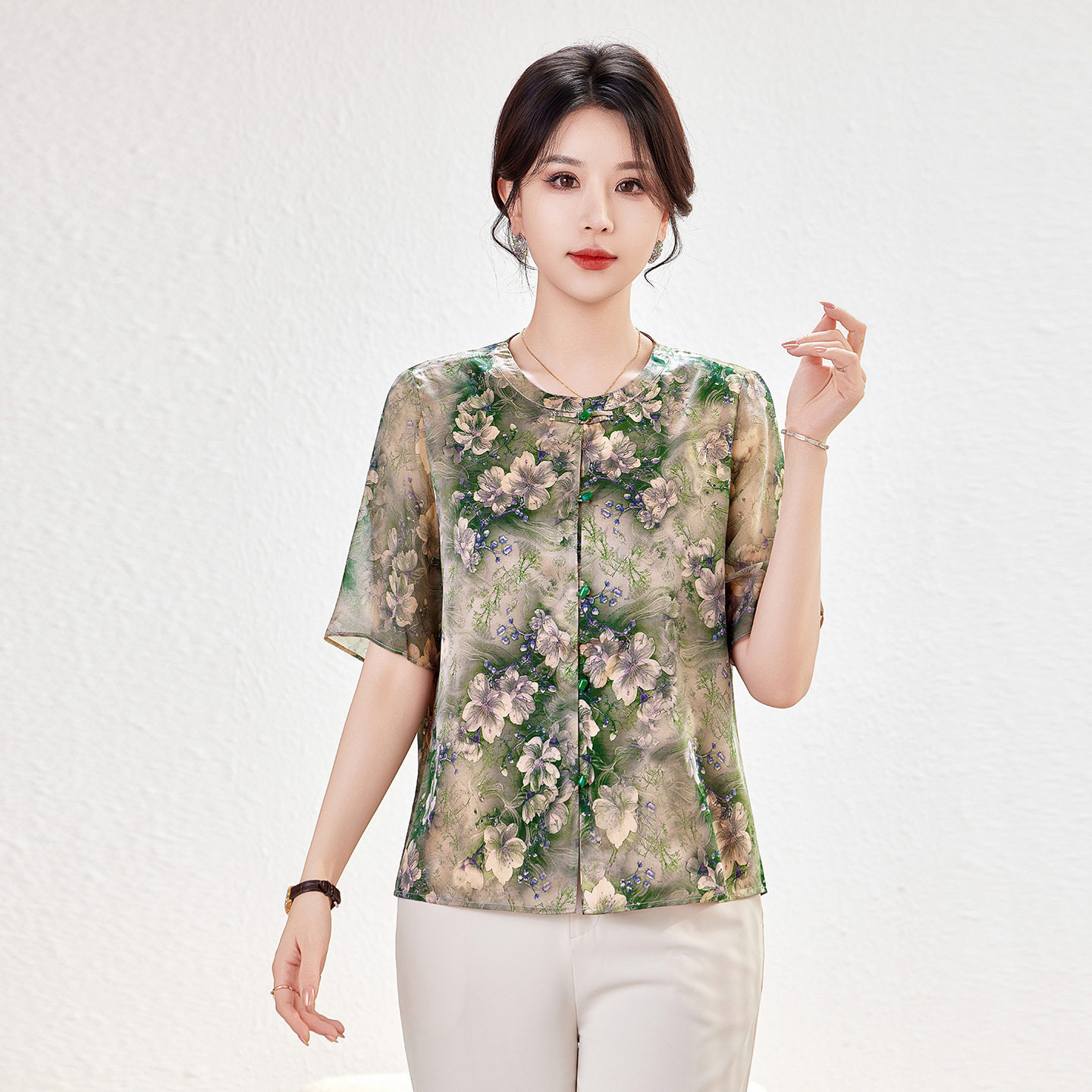 杭州丝绸真丝短袖衬衫女2026新款夏季印花大码妈妈装桑蚕丝小衫