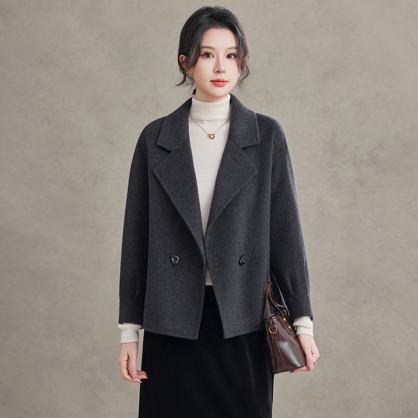 2026秋冬双面羊毛呢大衣女短款小个子宽松赫本风翻领毛呢西装外套