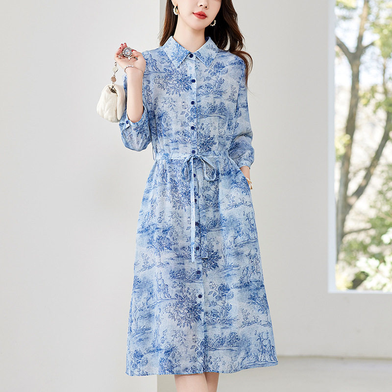 杭州丝艺原创春夏季青花瓷印花翻领中长A字裙真丝桑蚕丝连衣裙女
