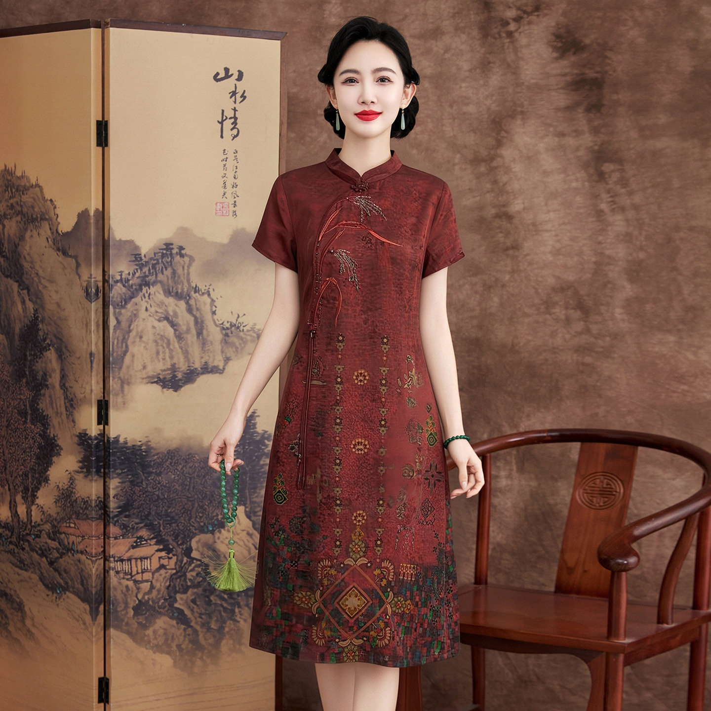 婚礼妈妈装桑蚕丝旗袍连衣裙立领印花婆婆婚宴礼服裙香云纱连衣裙