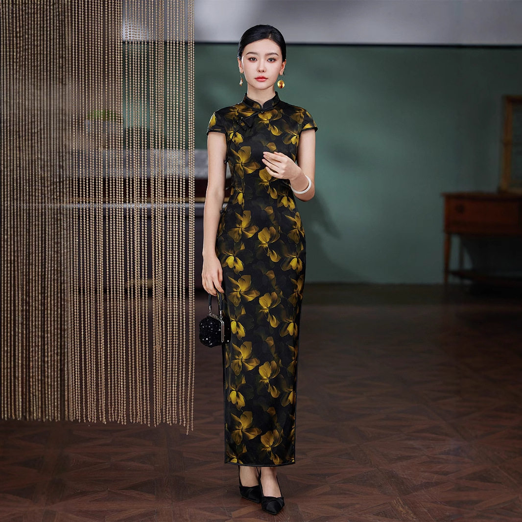 唐之恋改良真丝旗袍复古桑蚕丝高奢气质连衣裙女夏季黑色走秀长款