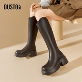大东长筒靴女鞋 圆头后拉链粗跟骑士靴D0149 休闲时尚 2024冬季 新款