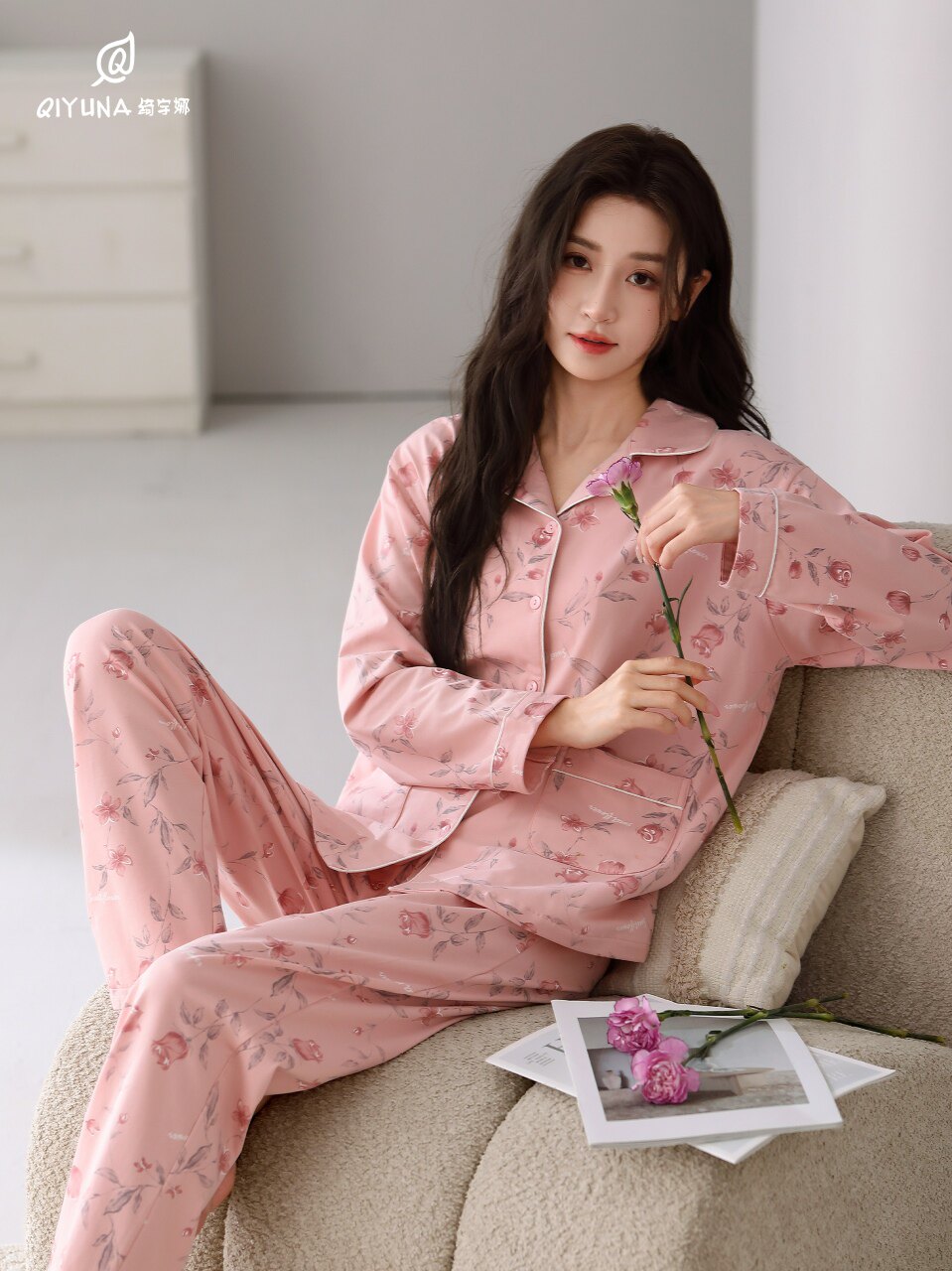 绮宇娜睡衣女士春秋冬季长袖大码开衫套装纯棉青中年妈妈家居服
