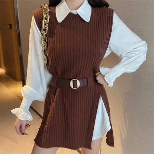 春秋季新款中长款毛衣套装显瘦系带收腰针织马甲衬衫两件套女