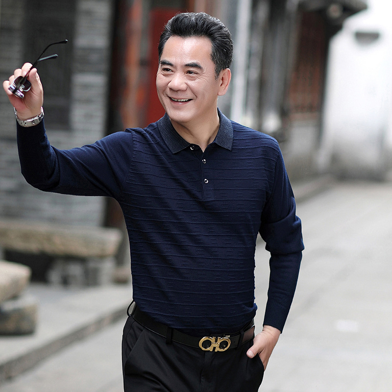 爸爸装中年男士长袖恤春秋季中老年人秋装薄款针织体恤衫上衣服