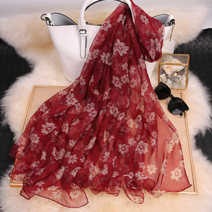 真丝丝巾女百搭春秋桑蚕丝薄款围巾女酒红色纱巾妈妈围巾