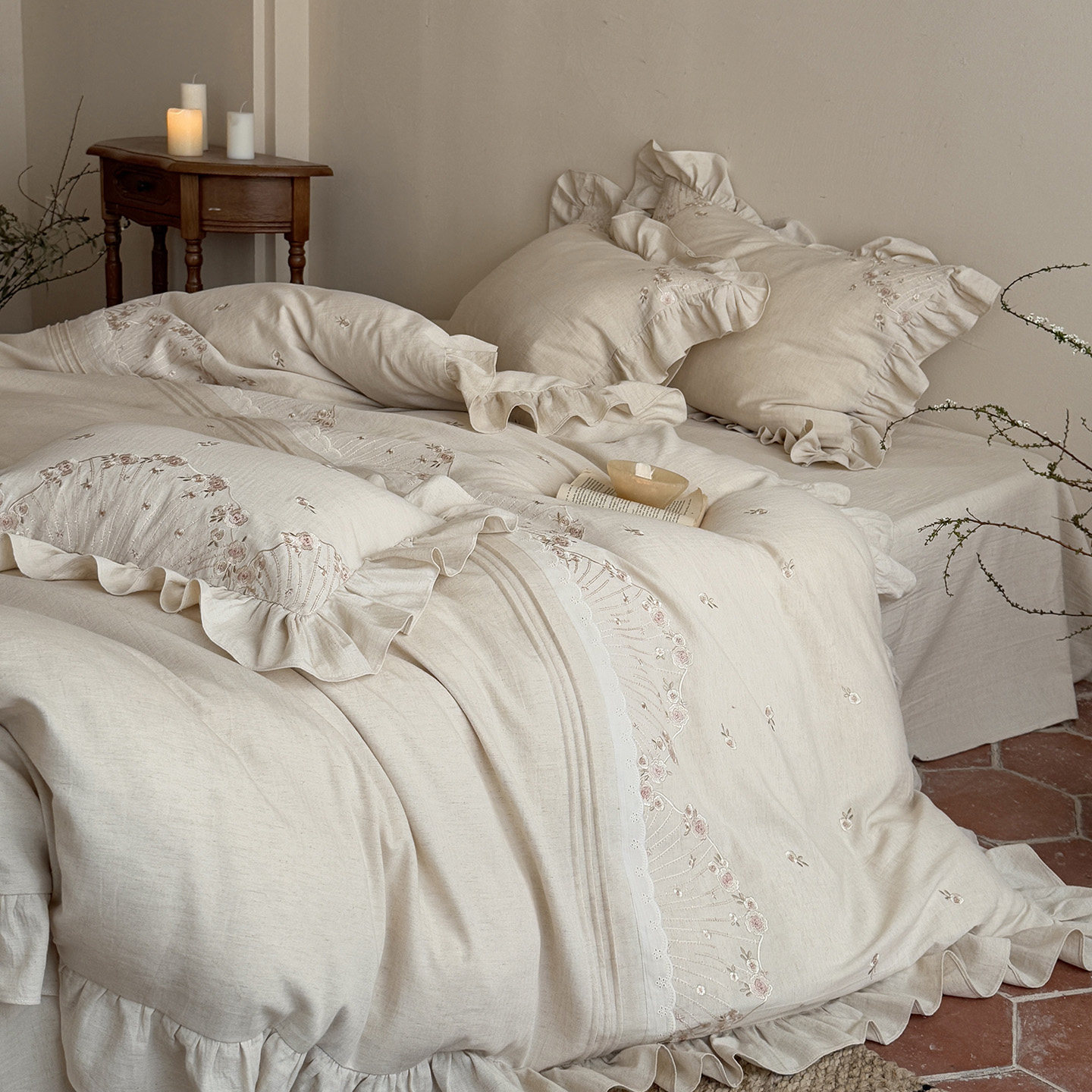 南法假日竹节棉麻绣花长绒棉亚麻四件套全棉纯棉床上用品床单被套