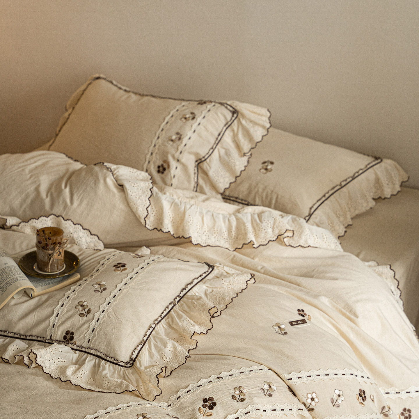 南法假日竹节棉麻绣花长绒棉亚麻四件套全棉纯棉床上用品床单被套