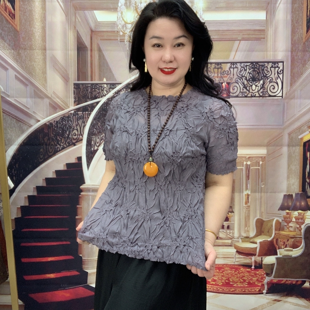 高端设计感压花立领纯色短袖T恤气质百搭褶皱上衣女夏季新款薄款