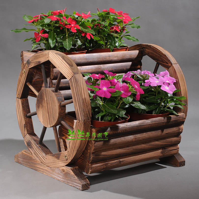 车轮花盆防腐木花车 碳化木花箱花槽长方形木制二层阳台栏杆花架