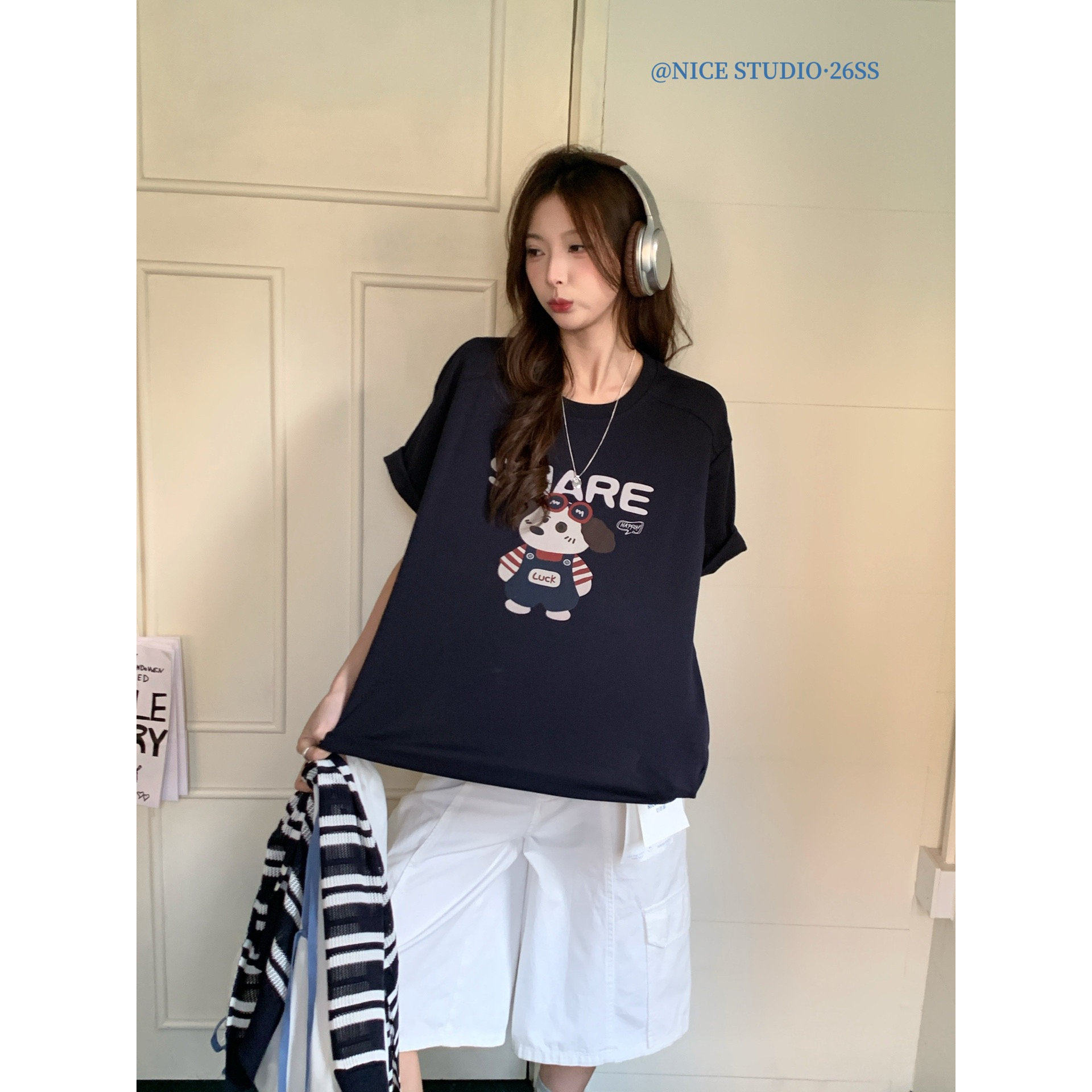 韩系慵懒松弛感狗狗t恤女减龄洋气巨好看的夏日短袖上衣带披肩