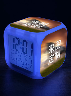 方形夜光七彩小夜灯闹钟DIY学生生日礼物mini电子钟日历温度
