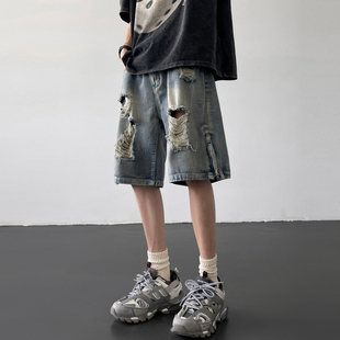 高街拉链开叉宽松直筒休闲五分裤 男女夏季 300斤破洞牛仔短裤 大码