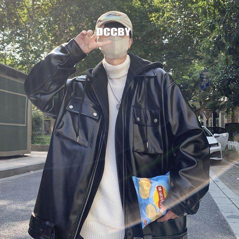 大码250斤假两件连帽皮衣外套男春秋季美式复古双拉链机车皮夹克