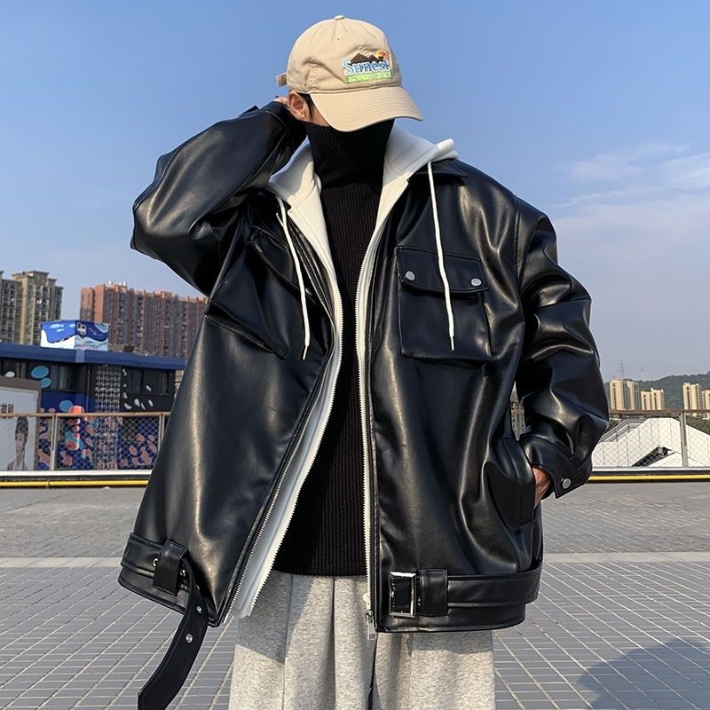春秋季皮衣外套男宽松港风假两件pu皮夹克潮流痞帅高街机车服上衣