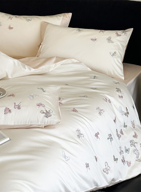 轻奢风贡缎全棉长绒棉四件套简约刺绣被套纯棉1.8m四季款床上用品