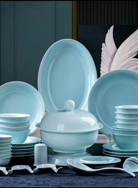 景德镇高白泥高温餐具套装蓝色釉下彩陶瓷碗盘家用礼品瓷器