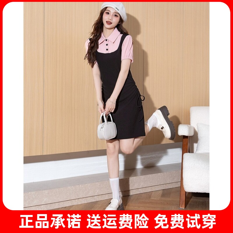唐狮短袖连衣裙女2026夏季新款Polo领收腰显瘦假两件衬衫裙气质g6