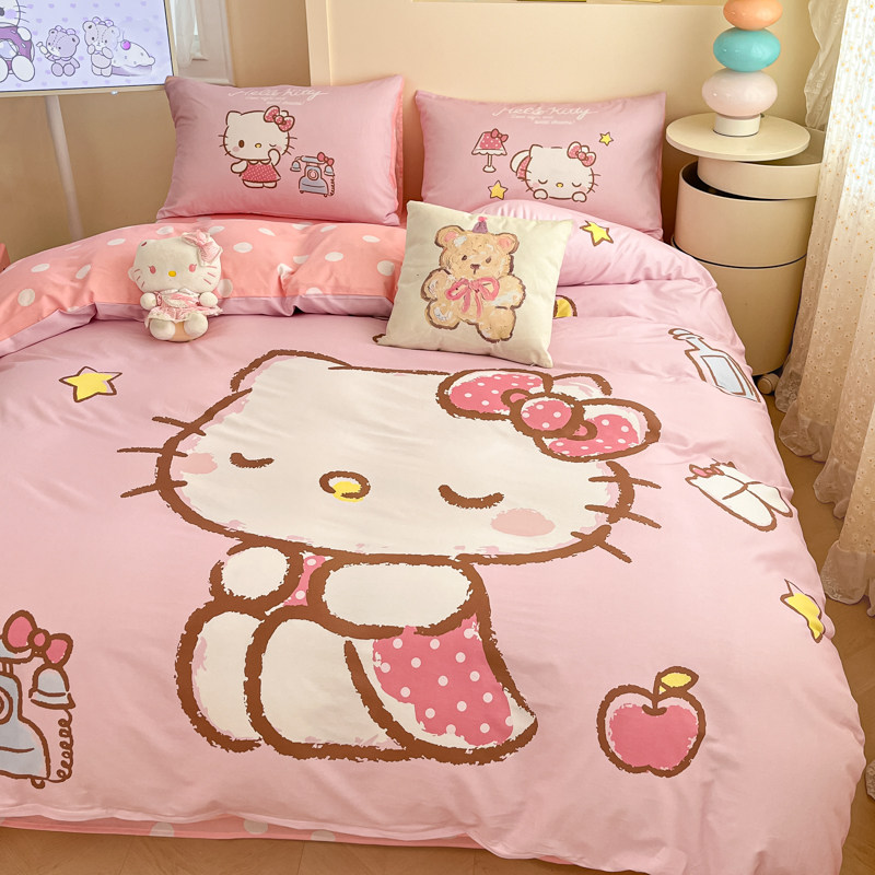 hellokitty凯蒂猫卡通全棉四件套纯棉100宿舍床上三件套哈喽kt粉