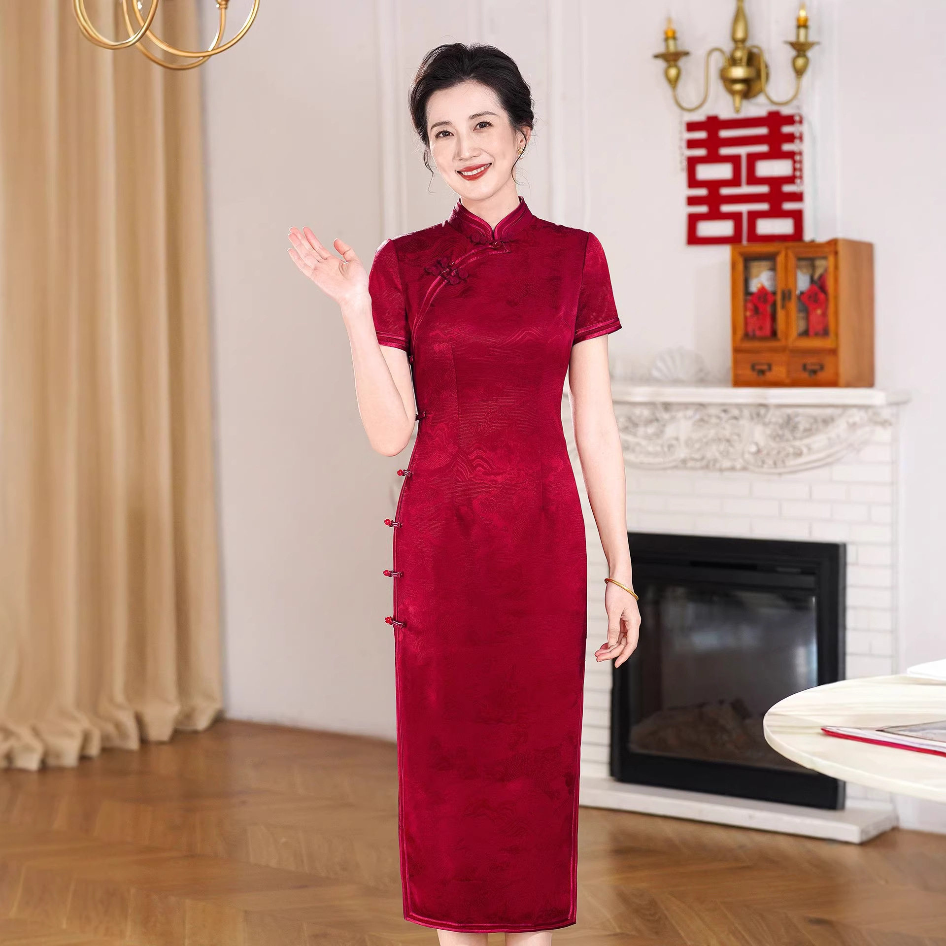 【帛彩轻奢】高级感旗袍喜妈妈喜婆婆婚宴红色礼服轻奢醋酸连衣裙