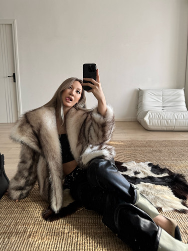 POPBONNIE时髦年轻款皮草短款外套秋冬毛毛外套印花貂毛款大衣