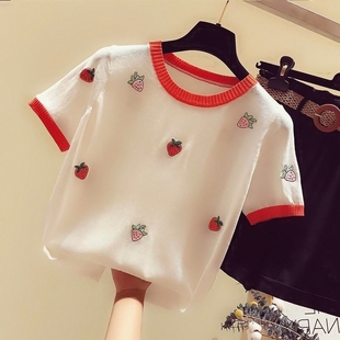 女款含棉短袖2026夏季新款韩版草莓刺绣上衣宽松洋气中大童T恤潮