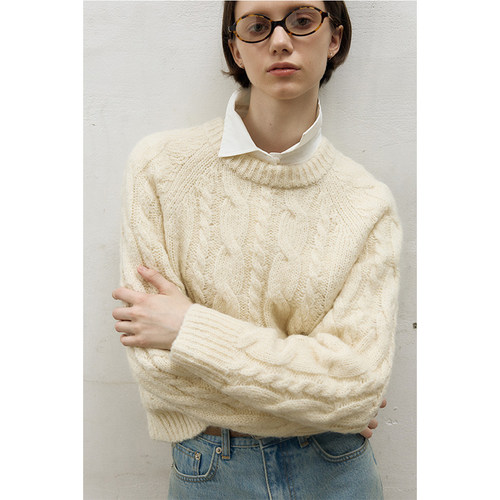 LINHOUSE复古小众米白色麻花毛衣