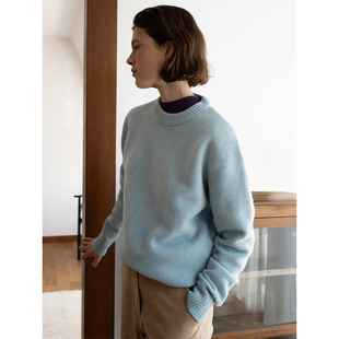 LINHOUSE复古冰川蓝圆领氛围感毛衣冬宽松休闲百搭通勤针织上衣女