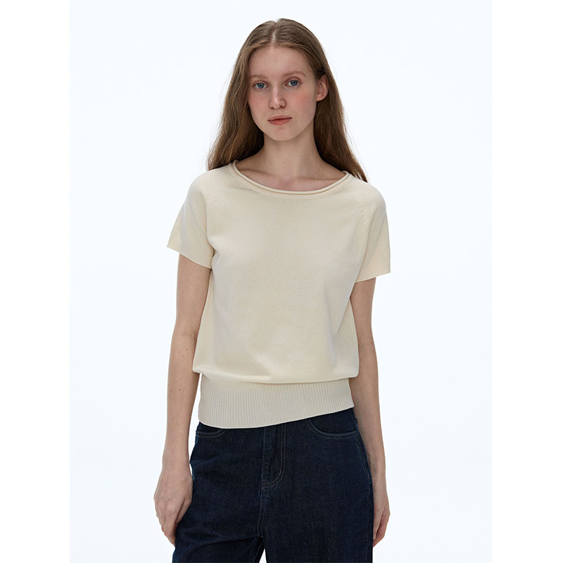 LINHOUSE法式卷边圆领杏色针织短袖夏通勤气质宽松显瘦毛衣上衣女