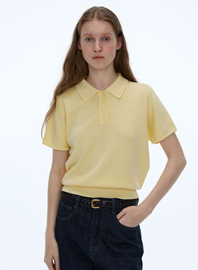 LINHOUSE简约复古黄色polo衫夏通勤针织短袖上衣宽松学院休闲t女