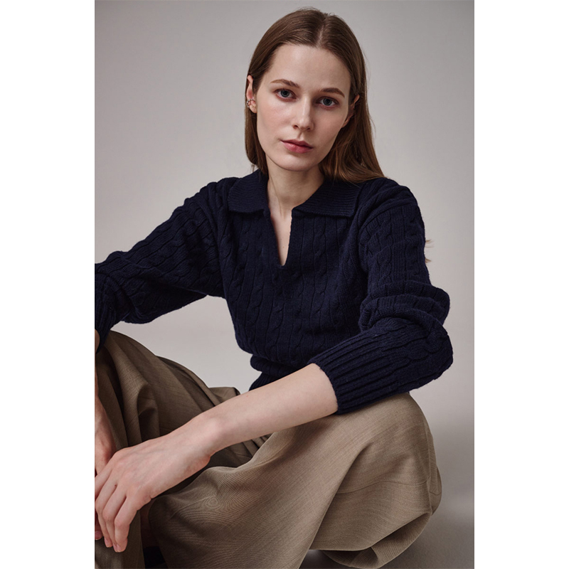 LINHOUSE藏蓝色polo小v领毛衣