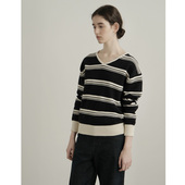 LINHOUSE复古V领藏蓝条纹毛衣秋冬通勤百搭宽松气质针织衫 上衣女