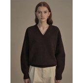 LINHOUSE复古深棕色V领百搭毛衣冬通勤百搭宽松简约针织衫 上衣女